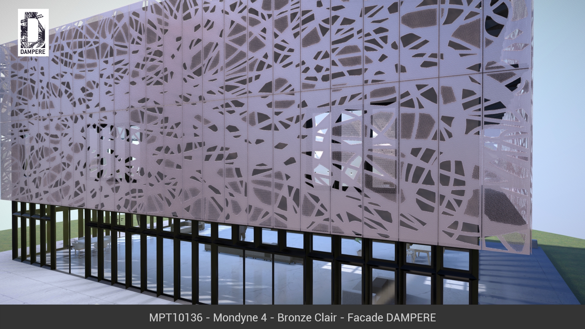 Facade du batiment 3D avec le motif Mondyne réalisé en perforation et laser et thermolaqué en Bronze Clair