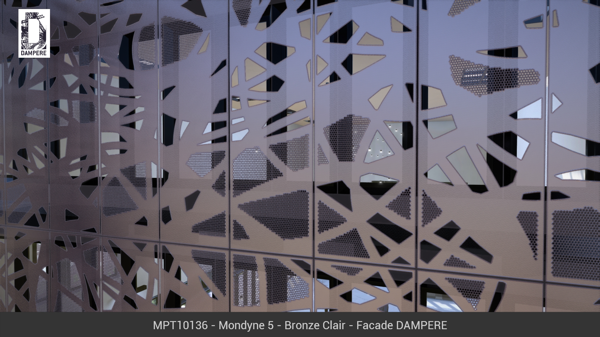 Facade du batiment 3D avec le motif Mondyne réalisé en perforation et laser