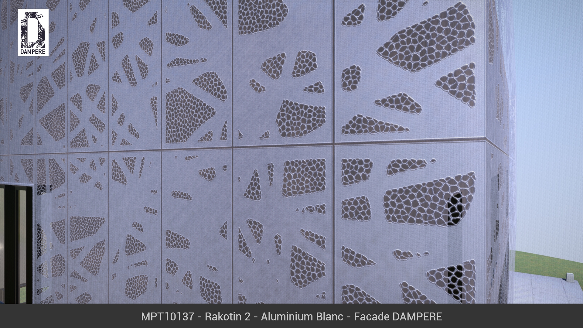Vue zoomée de la Facade du batiment 3D avec le motif RAKOTIN en Aluminium Blanc