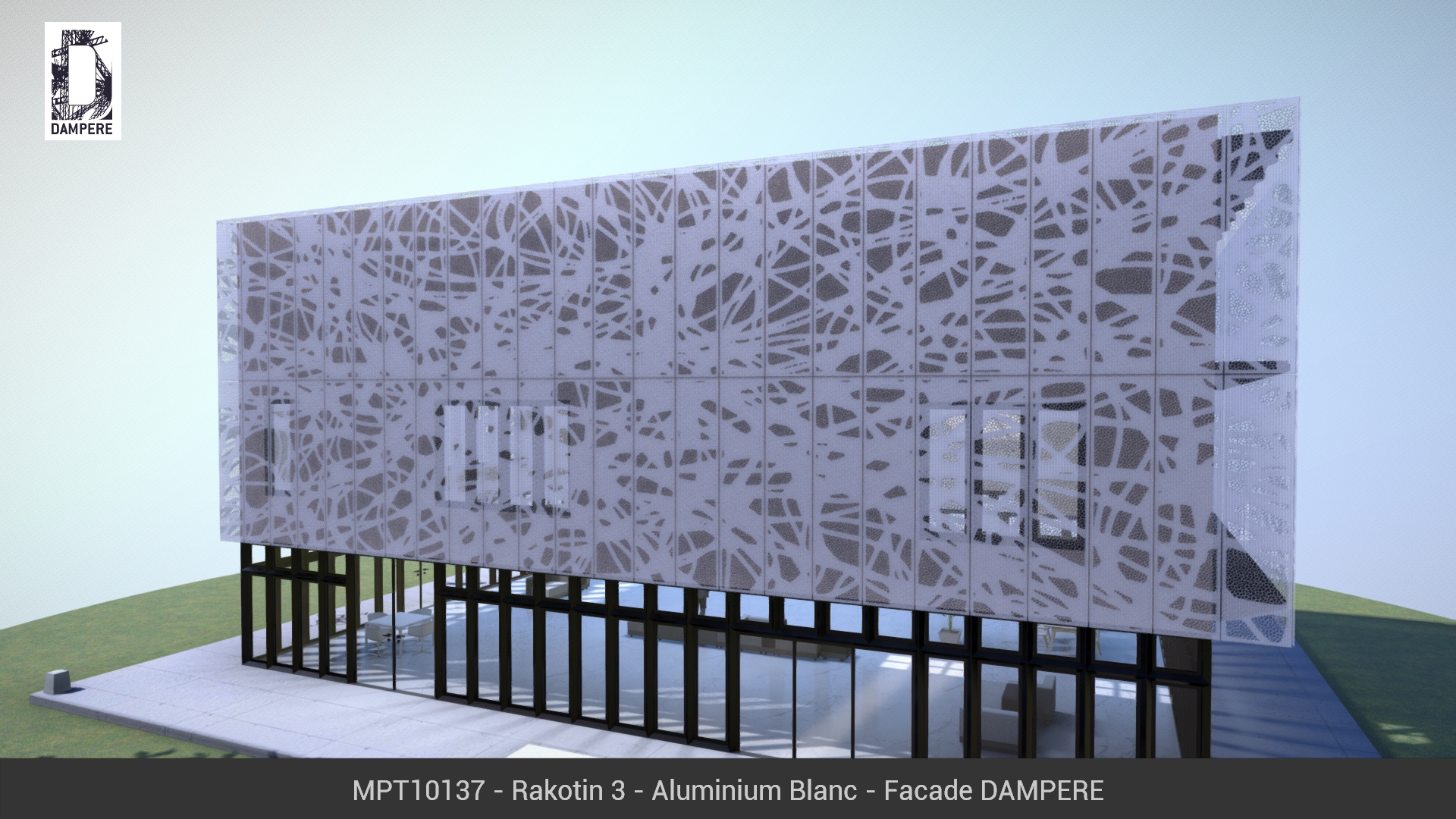 Facade Sud du batiment 3D avec le motif RAKOTIN en Aluminium Blanc