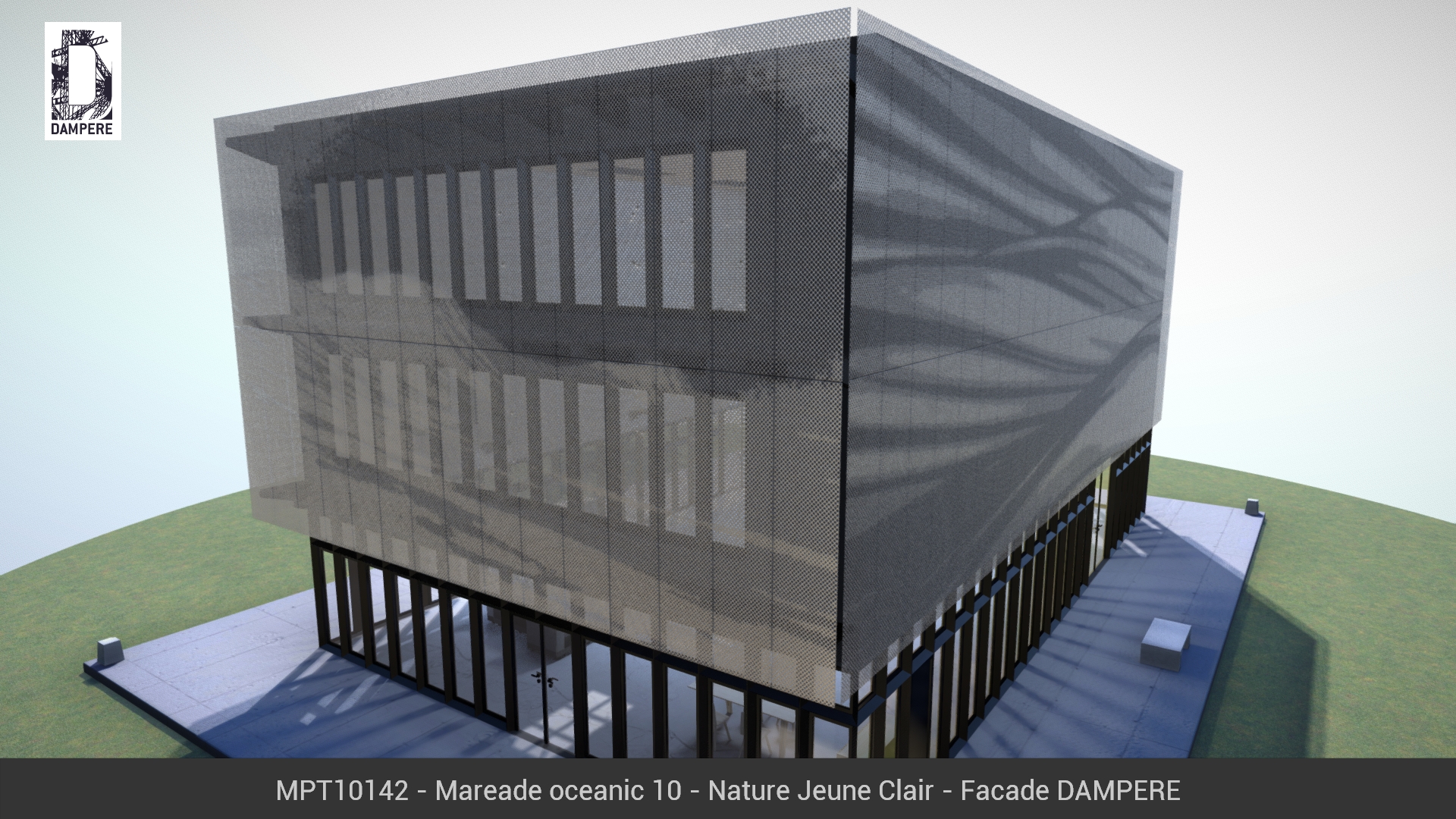 Vue de la facade Est du batiment 3D avec le motif MAREADE OCEANIC Anodisé Nature jeune clair