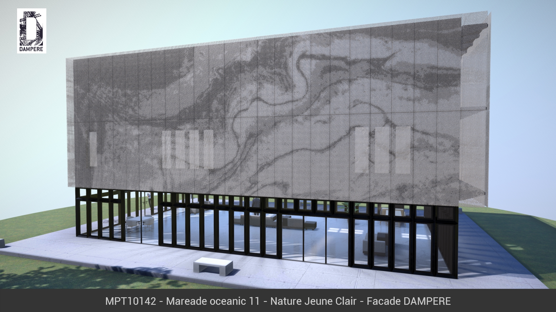 Vue de la facade Nord du batiment 3D avec le motif MAREADE OCEANIC Anodisé Nature jeune clair