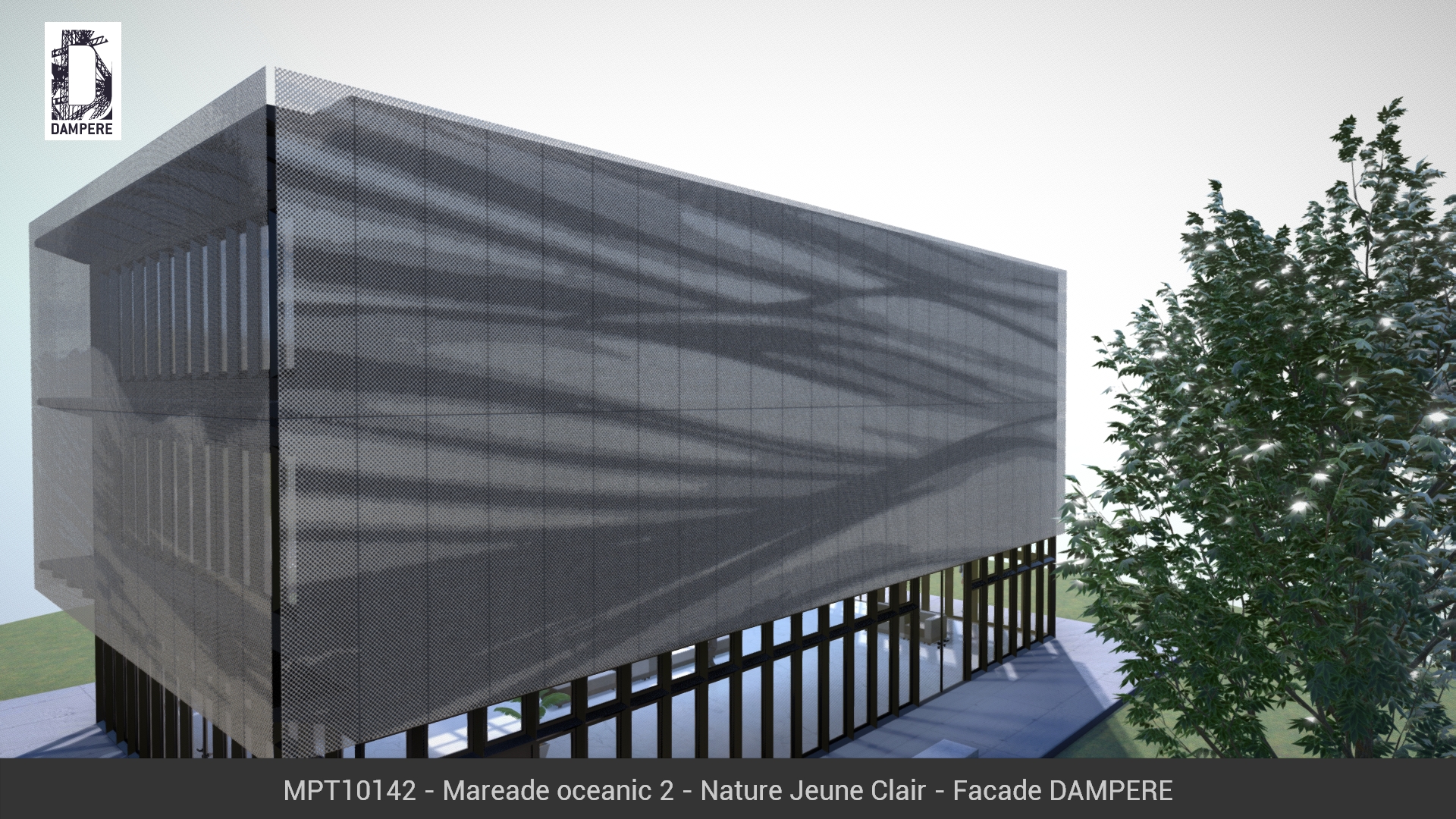 Vue de la facade Sud du batiment 3D avec le motif MAREADE OCEANIC et un arbre
