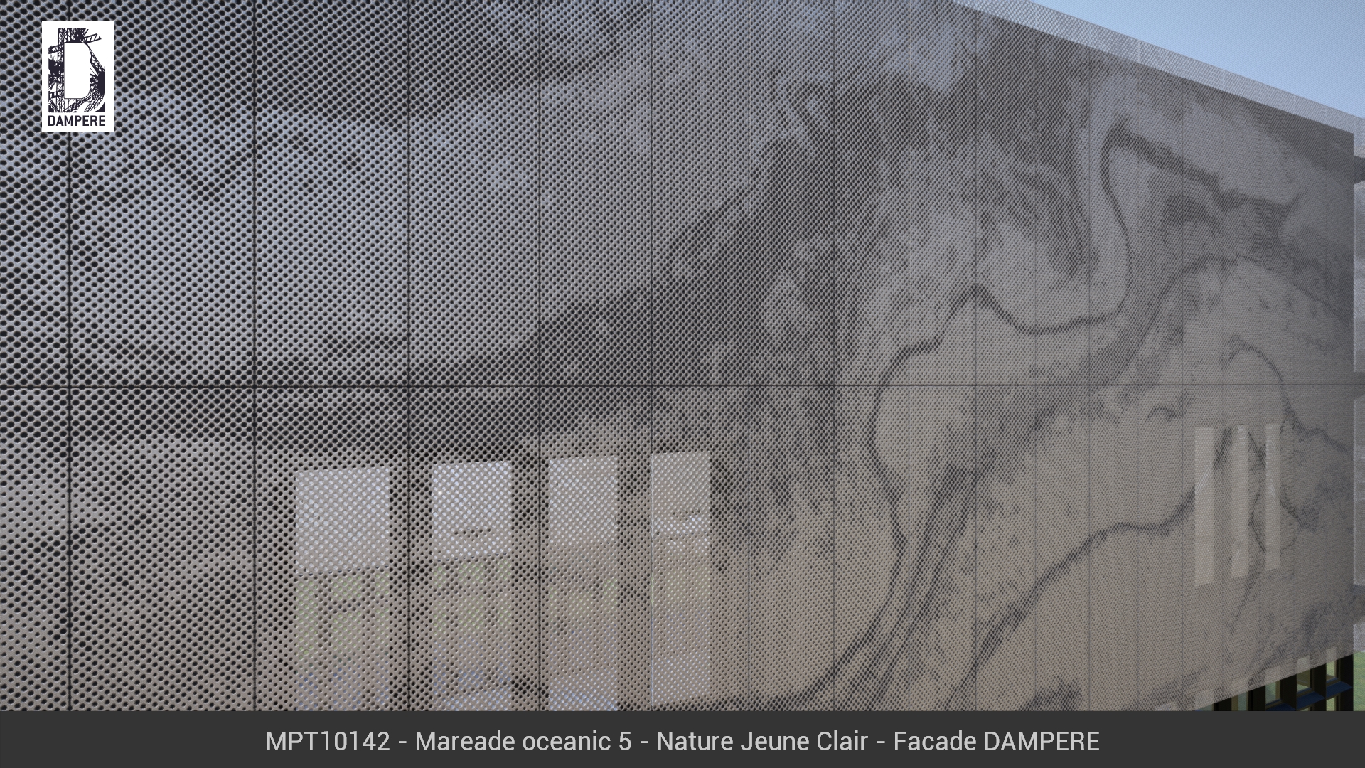 Vue de la facade en tole perforee du batiment 3D avec le motif MAREADE OCEANIC