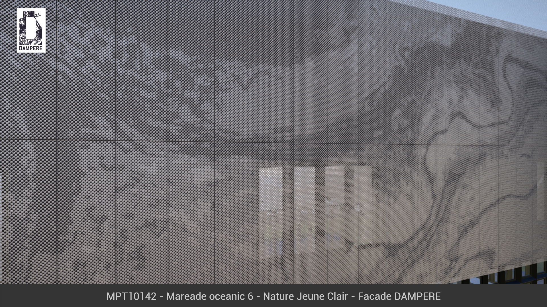 Vue de la facade du batiment 3D Anodisé Nature jeune clair avec le motif MAREADE OCEANIC