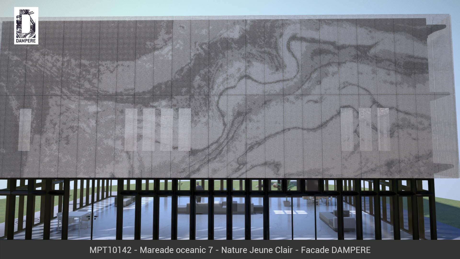 Vue de la facade Sud du batiment 3D Anodisé Nature jeune clair avec le motif MAREADE OCEANIC