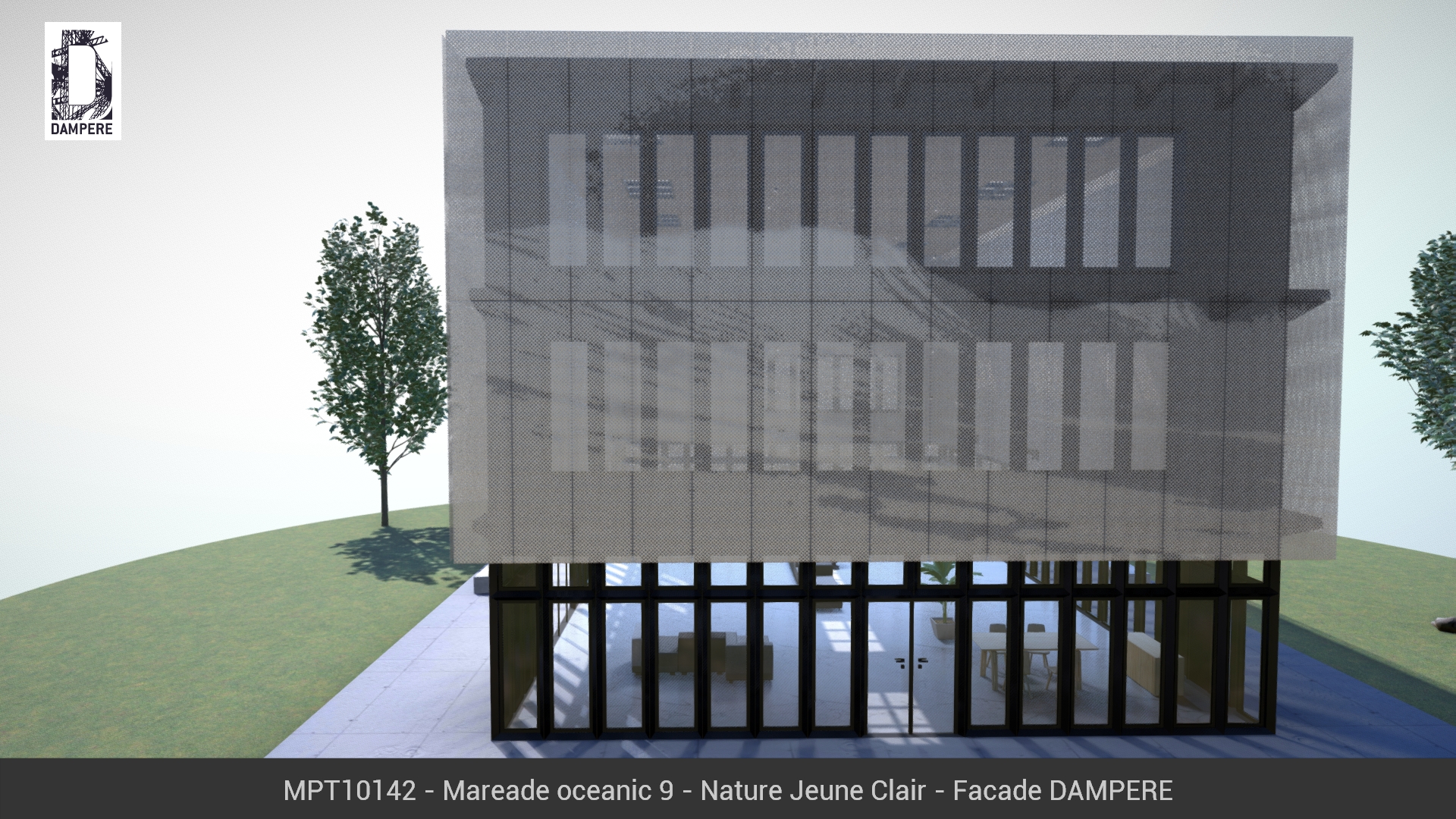 Vue de la facade Est du batiment 3D avec le motif MAREADE OCEANIC Anodisé Nature jeune clair